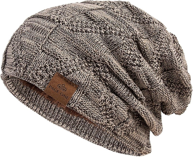 PAGE ONE Mens Winter Slouchy Beanie Warm Fleece Lined Skull Cap Baggy Cable Knit Hat - Image 1
